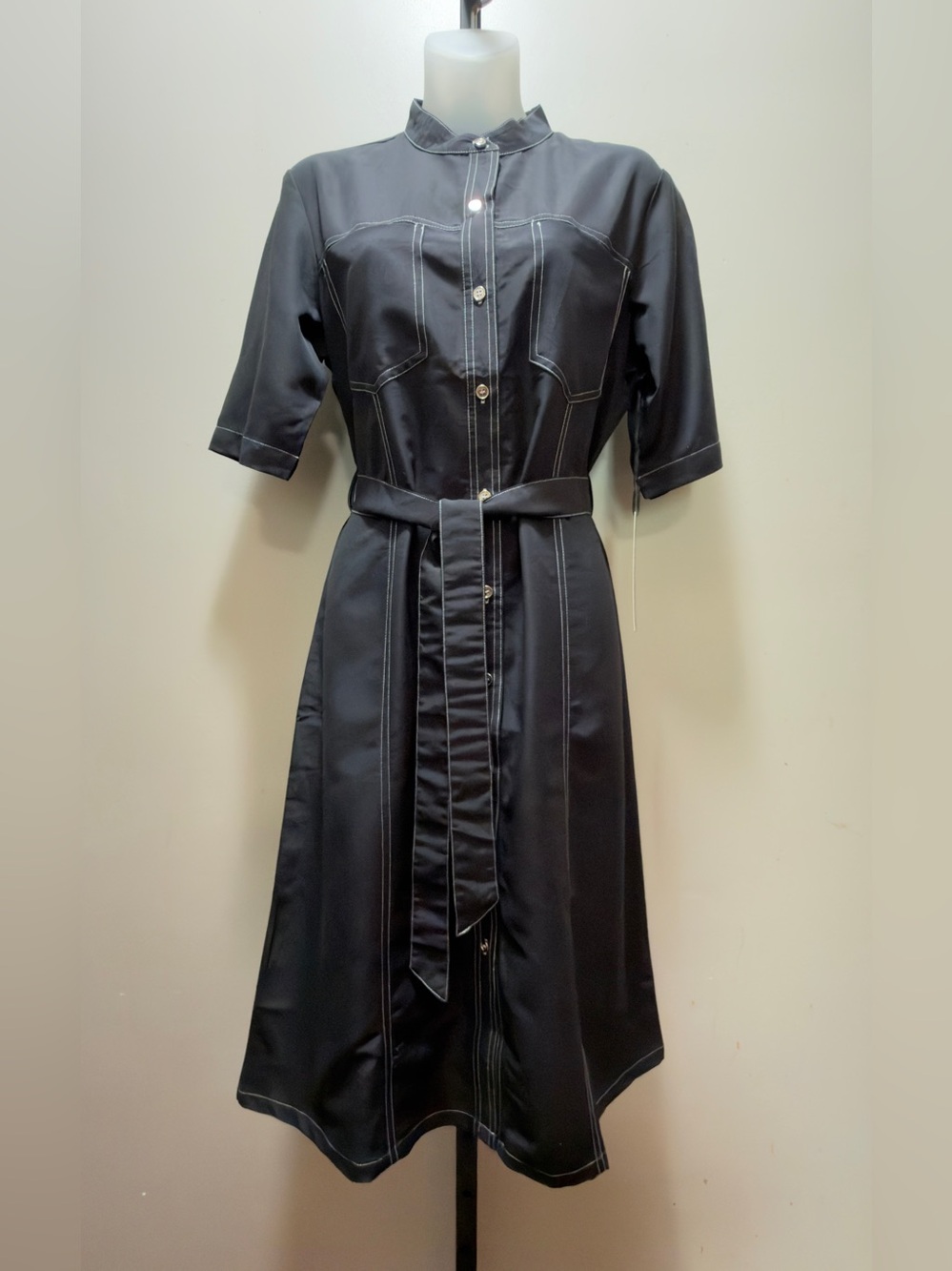 Eighty Eight Black Midi Shirt Dress with Contrast Stitchingn